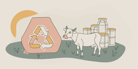 Naklejka premium Waste Reduction An illustration of a landfill filled with organic waste from cattle farming juxtaposed with a recycling symbol next to a lab setting representing reduced waste
