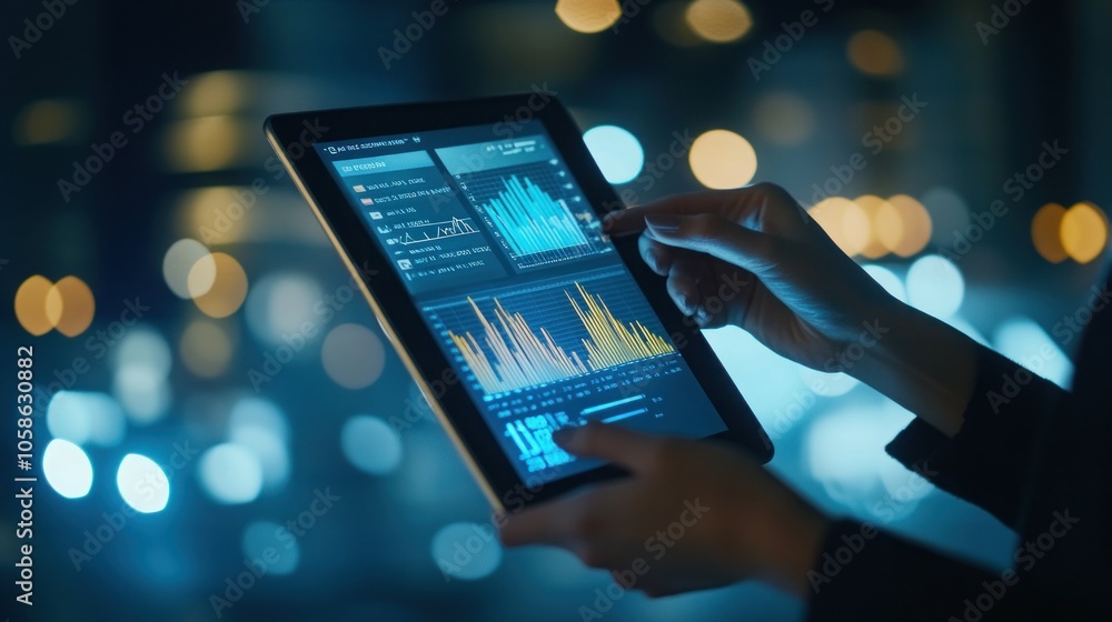 Poster close-up of hands using a tablet to analyze data charts at night.