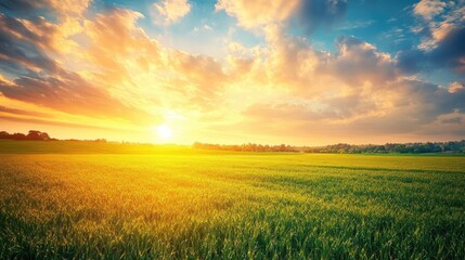 Serene field under a dramatic cloudy sky at sunset, capturing the essence of natures beauty. The beautiful field invites tranquility, offering ample space for creative visuals.