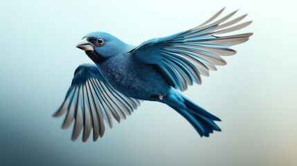 Fototapeta premium Close-up of a blue bird with outstretched wings flying against a soft gradient sky background. The bird's vibrant feathers and detailed plumage are prominently displayed in motion.