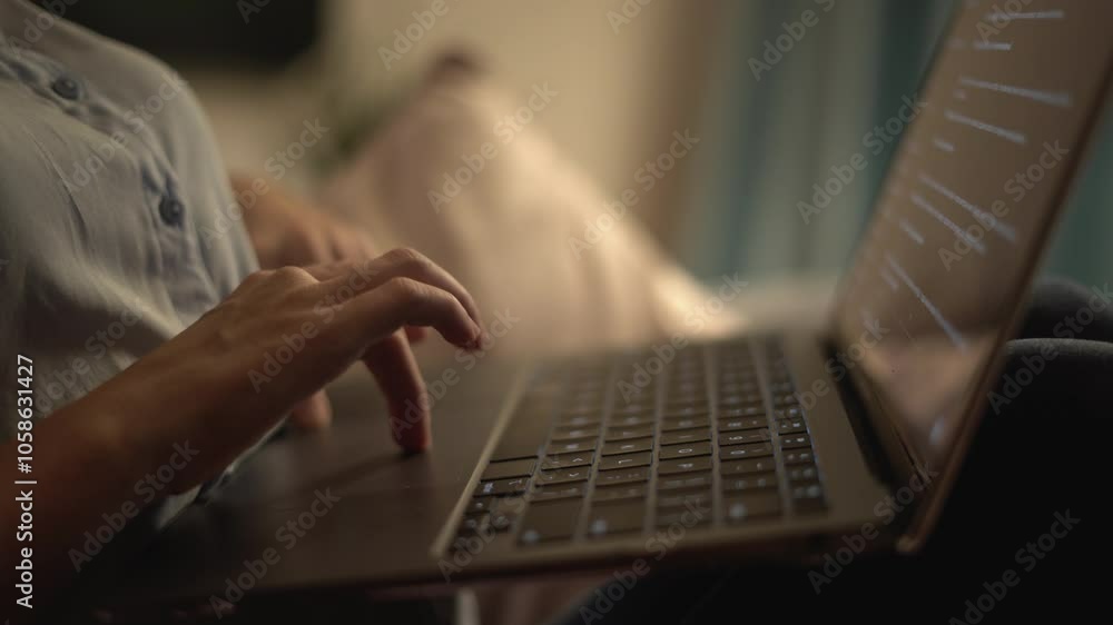 Poster a closeup view of hands actively typing on a laptop while working from home in a cozy environment, h