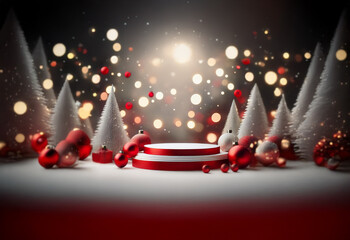 A white circular podium with a red ribbon sits in a winter scene with white trees, red ornaments, and bokeh lights.