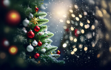 A decorated Christmas tree with red and white ornaments and a gold star,  covered in a light dusting of snow, against a blurred background of twinkling lights and falling snow.
