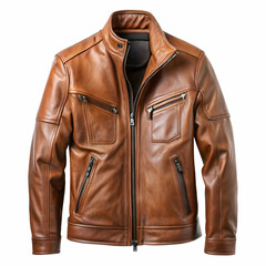 Naklejka premium Stylish brown leather jacket isolated on white, perfect for showcasing your designs.