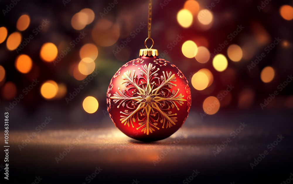 Poster A single red Christmas ornament with gold snowflake design hangs in front of a blurred background of warm lights.