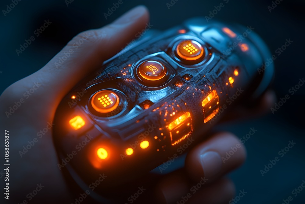 Poster a hand holds a futuristic device with glowing buttons and intricate designs.