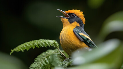 Vibrant colorful bird with orange plumage perched on green foliage in a natural environment