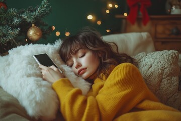 Obraz premium December days at home. young woman spending a december day at home and using a smartphone. Christmas tree and holiday decorations in the background.