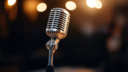 Close-up of a vintage-style microphone on a stand with a blurred background of warm lights and dark colors, evoking a concert or performance ambiance.