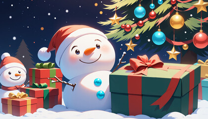 Snowman, Gifts, and Christmas Tree