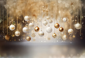 White and gold Christmas ornaments hang from a fluffy, sparkly, golden cloud.