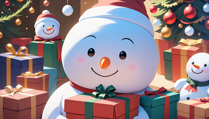 Snowman, Gifts, and Christmas Tree