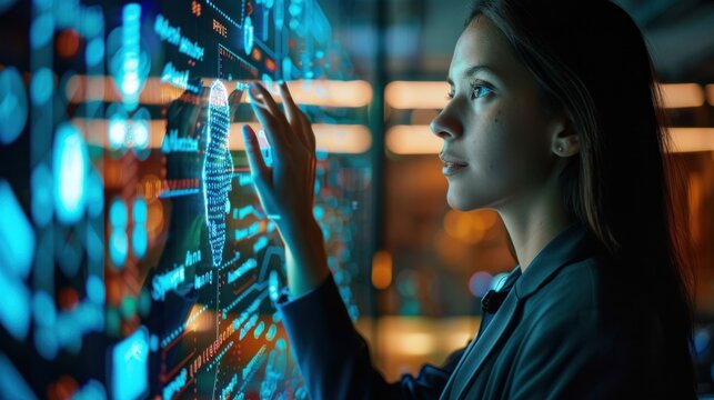 Businesswoman touching AI machine learning on virtual screen with big data, computer code