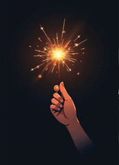 elegant and simple vector of a hand holds a sparkler with sparks glowing on dark gradient background