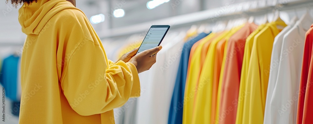 Poster close-up of a shopper's hand holding a price tag and calculating value using a mobile app, clean ret