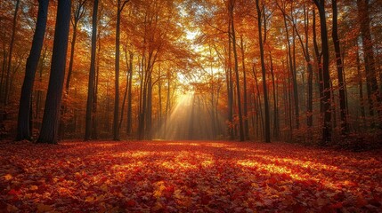 Serene autumn forest with vibrant orange leaves and sunlight.