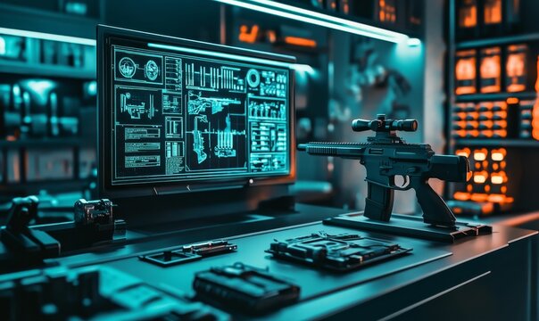 Computer, rifle, and technical diagrams on a desk.