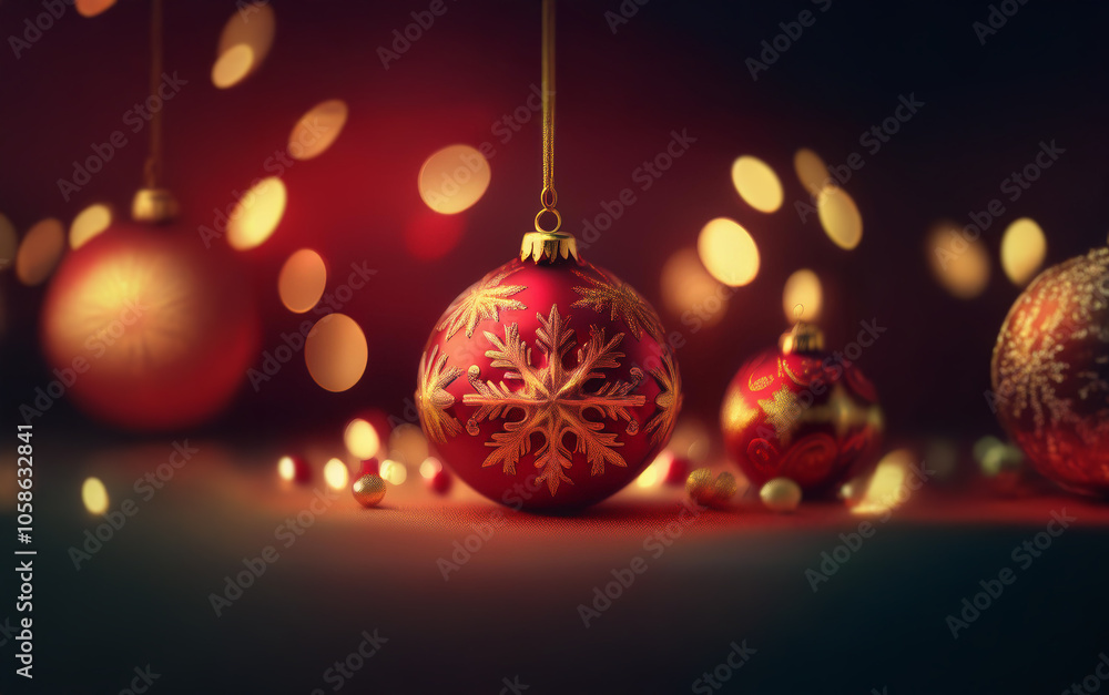 Aufkleber red and gold christmas ornaments hang from a string against a dark red and gold bokeh background.