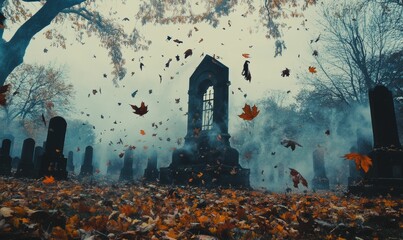 Graveyard shrouded in fog and leaves.