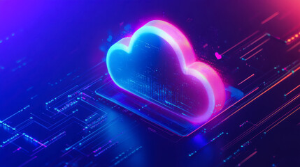 A vibrant digital representation of a cloud computing concept connecting to a laptop in a futuristic tech environment