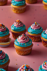 A vibrant wallpaper of cartoon-style cupcakes with colorful frosting and sprinkles, arranged in a playful and lively pattern, set against a bright background.
