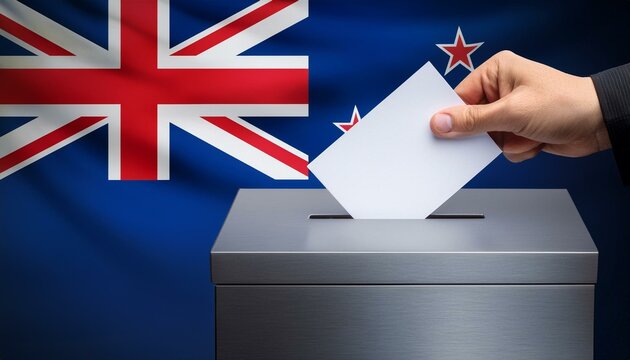 ニュージーランドの国旗の背景と投票箱と投票する手。選挙。(New Zealand flag background and ballot box and hand voting. election.)
