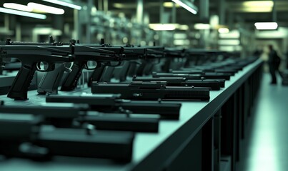 Obraz premium A row of black handguns on a table.
