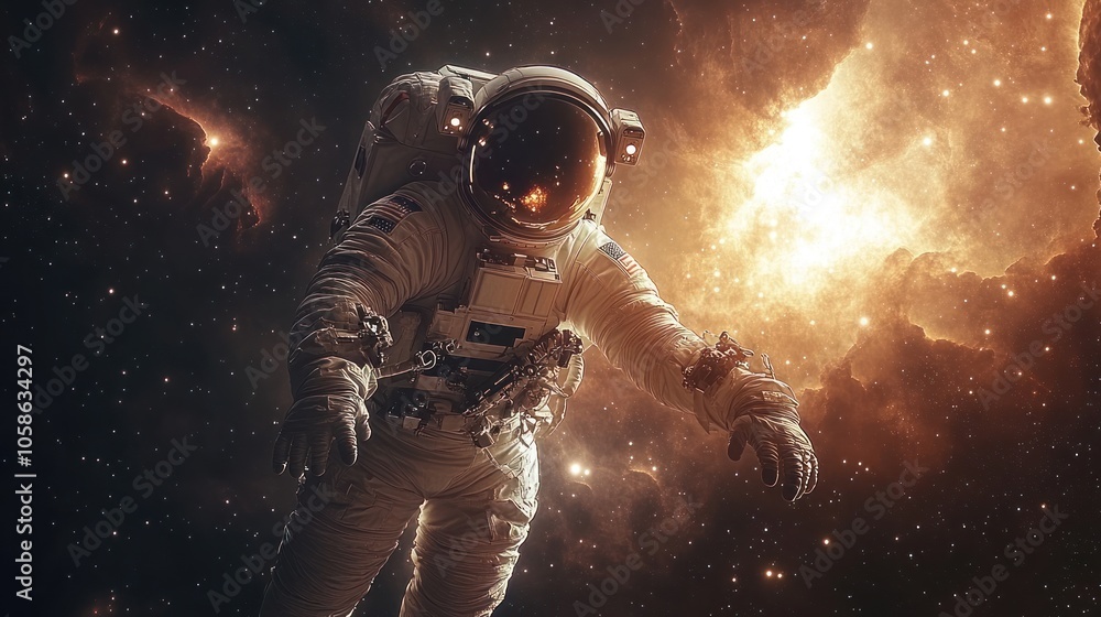 Poster astronaut floating in a cosmic environment with nebula backdrop.
