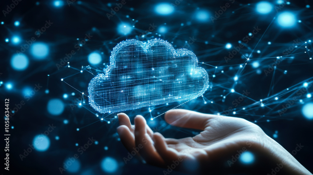 Poster a hand reaching out to interact with a glowing cloud symbol representing digital data and cloud comp