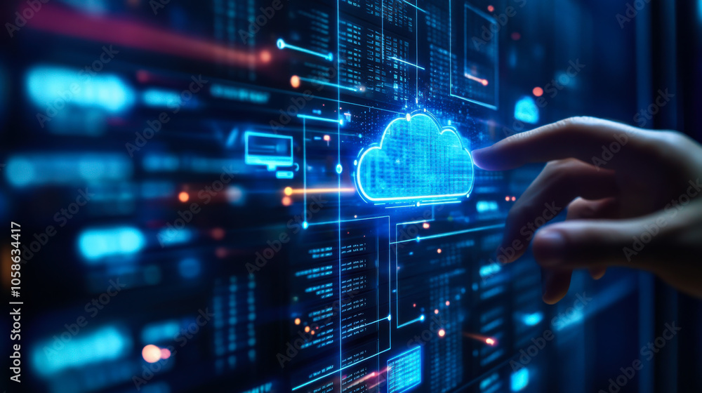 Poster a hand reaching out to interact with a glowing cloud symbol representing digital data and cloud comp