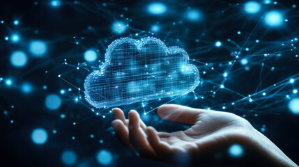 A hand reaching out to interact with a glowing cloud symbol representing digital data and cloud computing technology