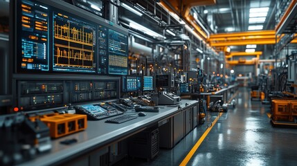 Obraz premium High-tech industrial workspace with control panels and machinery.
