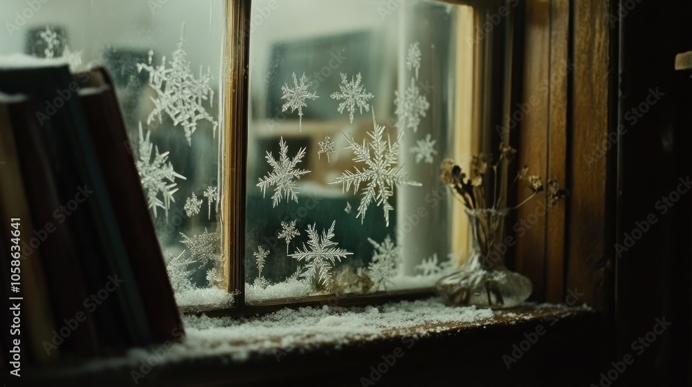 Aufkleber a windowpane with a view of a snowy scene with snowflakes, a bookshelf with books, and a vase of dri