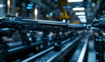 Fototapeta premium Futuristic firearm on a factory conveyor belt.