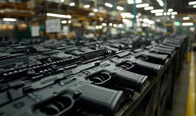 Obraz premium Black rifles lined up on a shelf.