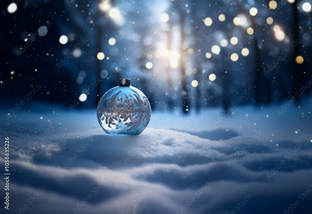 Poster a single silver ornament rests on a snowy landscape with a blurred background of trees and bokeh lig