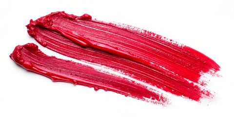 Lipstick smears isolated on a white background, showcasing vibrant and bold colors. The top view captures the texture and spread of the lipstick, creating an artistic and abstract display.