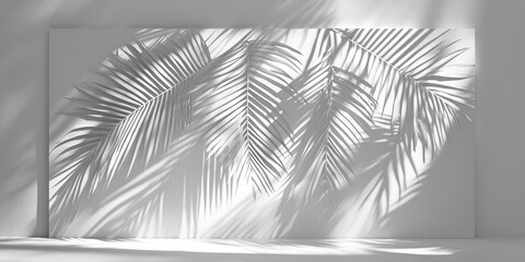The silhouette cast by palm leaves on a white wall creates a distinct pattern, showcasing the interplay of light and shadow. This design adds depth to the plain surface.