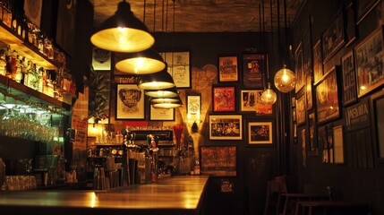 Chic bar interior with modern posters, dim hanging lamps, and an inviting counter area, ideal for a relaxed, intimate ambianc