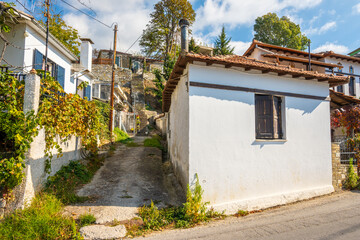 Stone lined pathways and traditional architecture in Makrinitsa village in Pelion, Greece