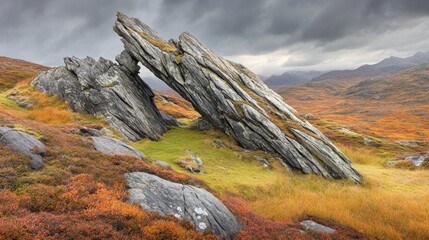 A large, tilted, and weathered slate rock formation in the Scottish highlands under a stormy sky.