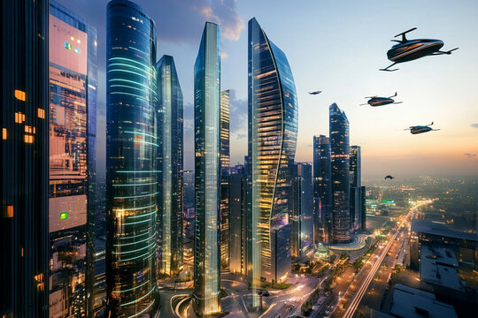 Futuristic skyline with drones above a busy urban landscape