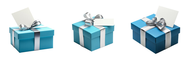 gift box wrapped in blue paper with a silver ribbon and an attached note card, conveying a personalized touch, isolated on a transparent background 