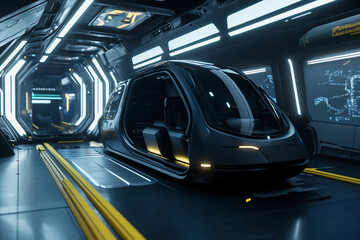 Futuristic transportation pod in a high-tech corridor