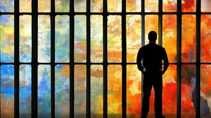 Fototapeta premium Man Looking Out Window with Colorful Glass