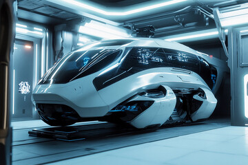 Futuristic autonomous transport pod in a sleek docking bay