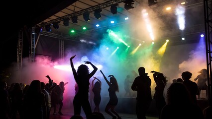 People dancing under colorful lights at New Year's Eve party