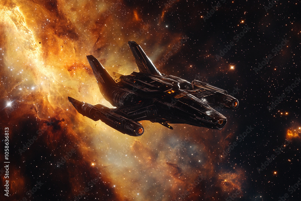 Poster a sleek spaceship navigates through vibrant cosmic clouds