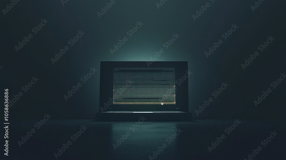 Poster a laptop computer with a glowing screen in a dark room.