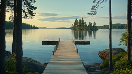Obraz premium Wooden Dock Leading to a Small Island in a Serene Lake